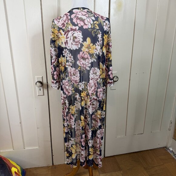 Ultra Flirt Kimono Long Duster Sheer Floral Pattern L Large 3/4 Sleeve Cottage - Picture 5 of 8